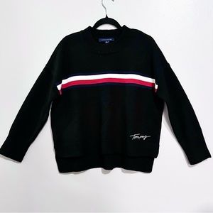 Tommy Hilfiger Noir Knitted High-Low Sweater with Triple Color-block Stripes
